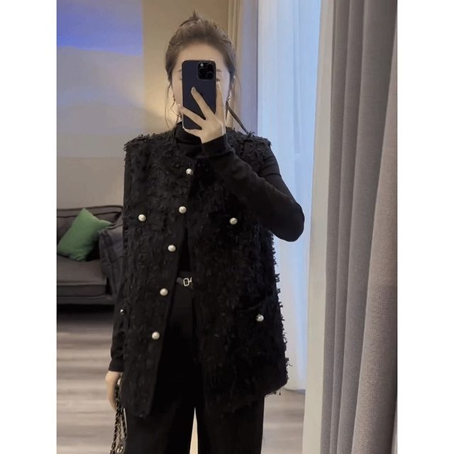 Autumn new style sleeveless vest, loose and slim, with vest, tassels, small fragrant style, mid-length vest, women's top, trendy