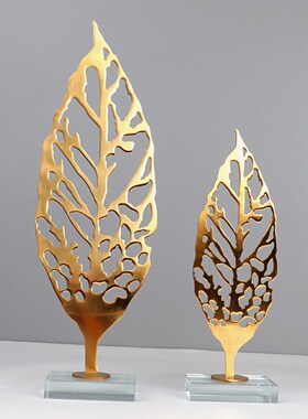 现代简约摆件仿铜l叶家居创意摆件电镀金属工艺品客厅软装饰品