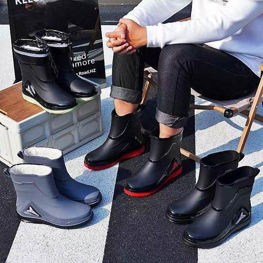 Summer waterproof shoes, rain boots, men's non-slip mid-calf rain boots, rubber shoes, winter plus velvet, special water shoes for takeaway riders