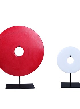 现代新中式玄关红色玉璧轻v奢汉白玉摆件样板房书房客厅博古架饰