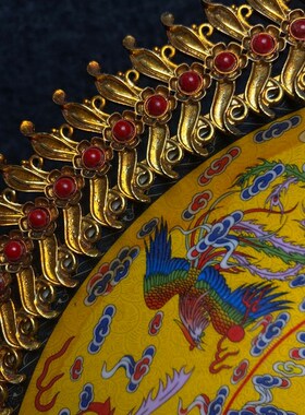 古玩旧藏陶瓷装饰盘m子大号摆件凤图鎏金中式家居客厅玄关摆盘瓷