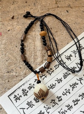 极速国风禅意~古风木珠白玉菩提项链女新中式复古小Y众设计长款毛