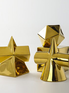 现代轻奢金属色几何陶瓷摆件创意样板间玄关书房客厅X软装饰品摆