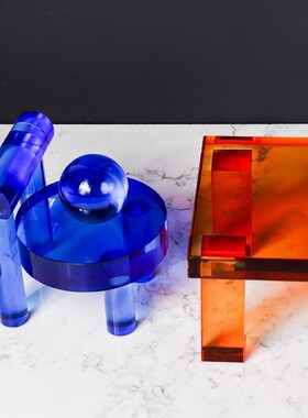 现代几何轻奢水晶蓝色椅子摆件样板房儿童房书房书架W桌面软装饰