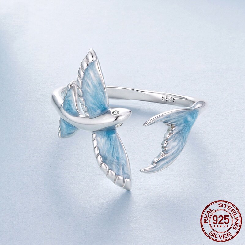Original blue smart flying fish open ring s925 sterling silver platinum plated personalized animal adjustable ring