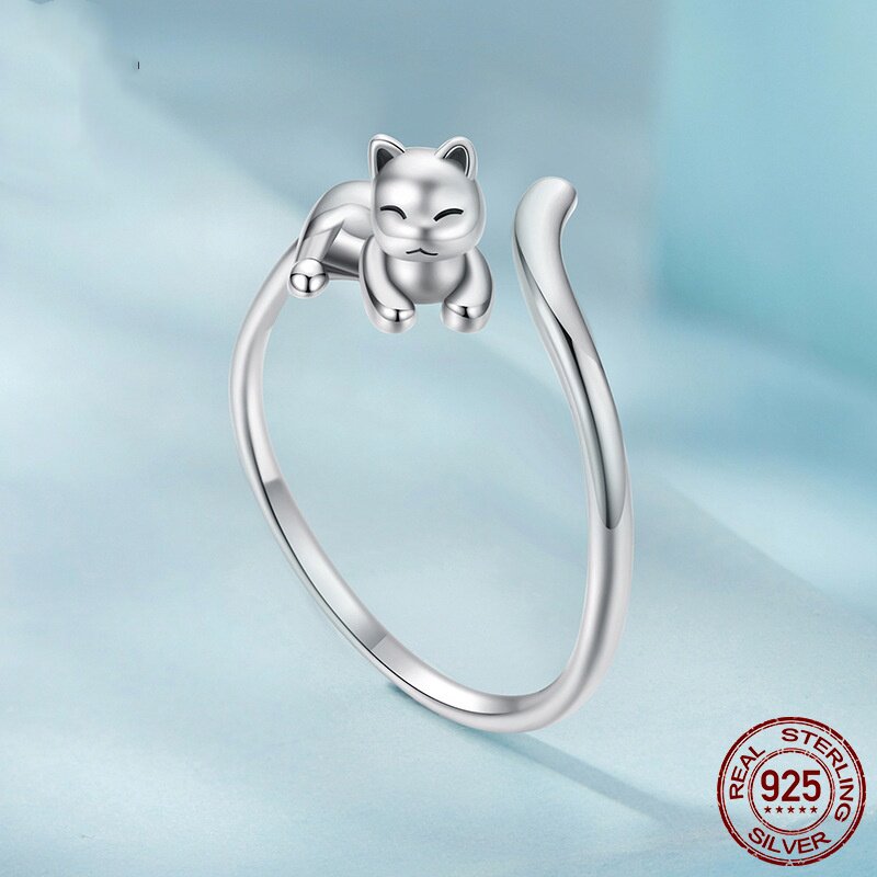 Lazy cat open ring s925 sterling silver versatile adjustable animal ring jewelry accessories for women