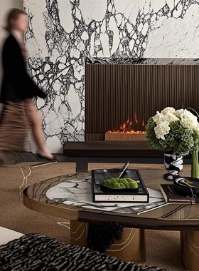 现代轻奢样板房客厅茶几托盘大理石花瓶花束烟灰缸永生苔藓组合