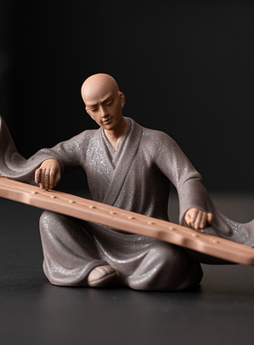 禅意小和尚摆件抚琴弹琴小僧桌面