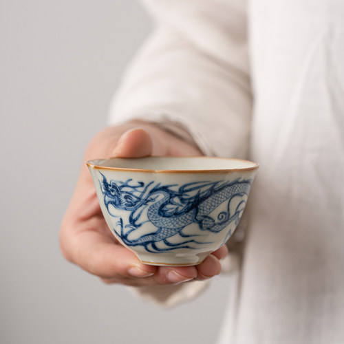 汝窑青龙纹花口杯单杯家用待客品茗杯陶瓷功夫茶具开片可养主人杯 - 图2