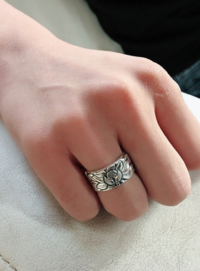 极速做旧心经莲j花开口可调节戒指足银时尚个性宽面男女戒指