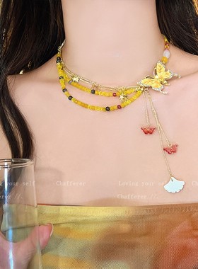 黄色蝴蝶流苏choker 小众度假风颈链 锁骨链女配饰 合金吊坠项链