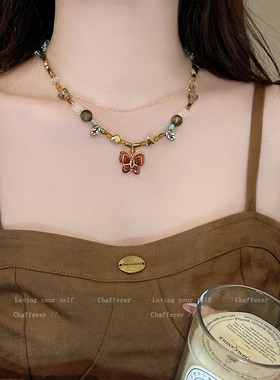 是秋天的颜色！美拉德串珠蝴蝶项炼女款千金风叠戴锁骨毛衣炼配饰