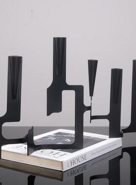 爆款极简现代黑色金属几何创意烛台样板间售楼处室内餐桌面装饰品