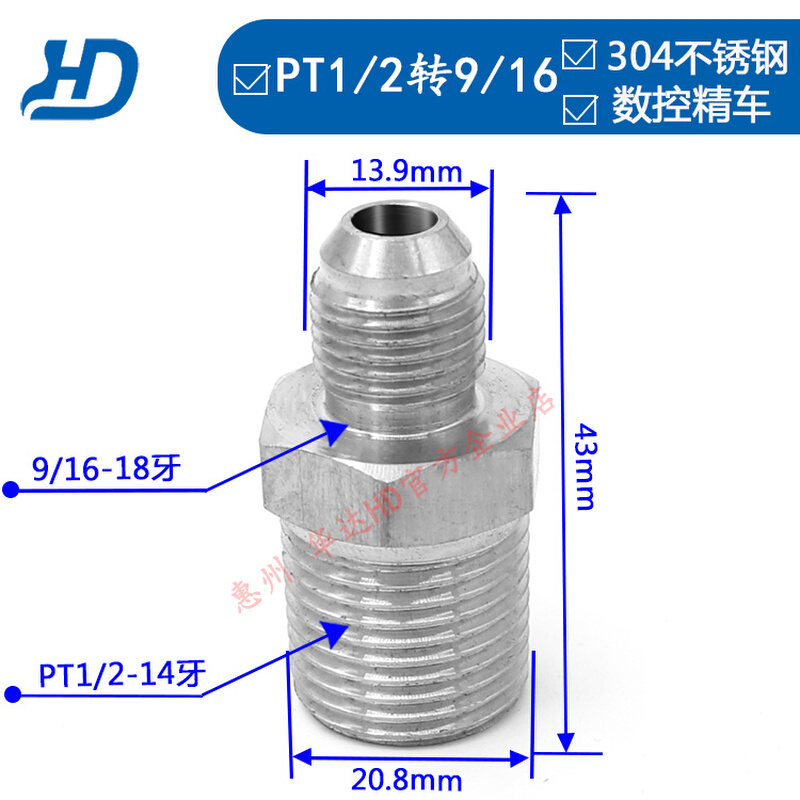 PT3/8-9/16美制304不锈钢力古3分模温机模具油管过渡接头油嘴外丝