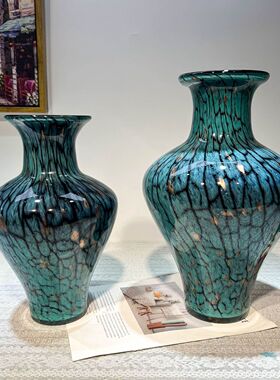 新中式复古大肚蓝炸纹琉璃花颜值客餐厅花插花级感装饰品