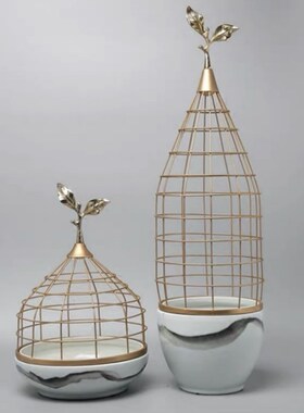 新中式金属陶瓷鸟l笼摆件店铺会所软装饰品工艺桌面展示柜酒柜摆