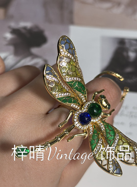 中古vintage蜻蜓戒指复古宫廷风珐琅滴胶灵动配饰