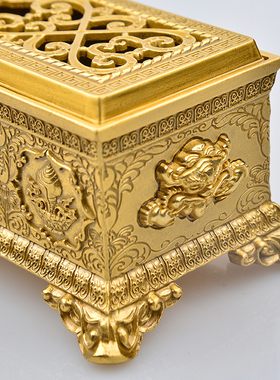 藏传纯铜用品鎏金磨光铜制彩绘z八吉祥六字真言祥麟线卧熏香炉双