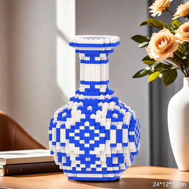Blue and white porcelain vase building block ornaments puzzle building block toys Jingdezhen ceramic vase flower arrangement entrance decoration