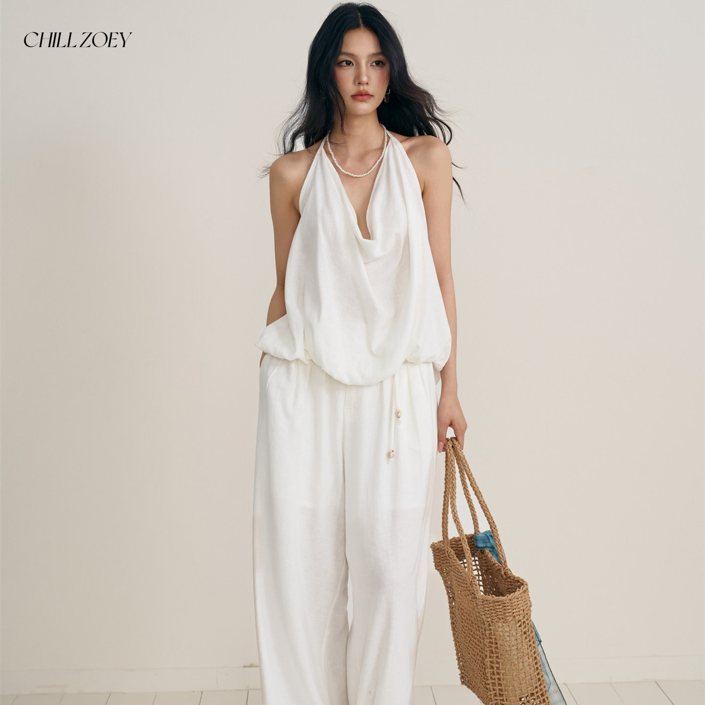 CHILL ZOEY富士山下挂脖吊带阔腿裤套装女夏季新款个性时尚两件套,淘宝优惠券,粉丝福利购,淘宝优惠卷