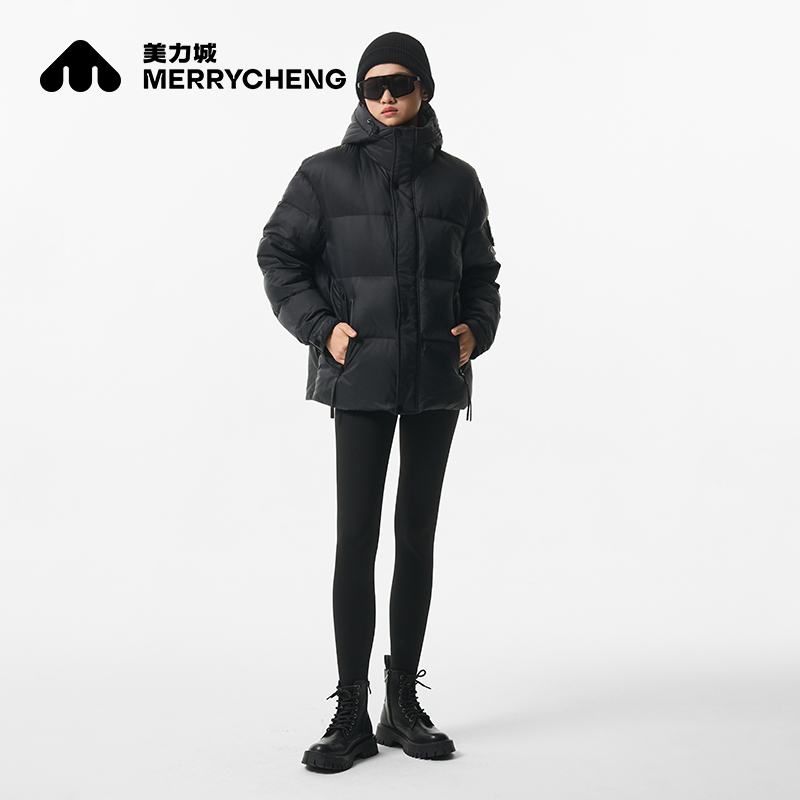 美力城羽绒服女短款新款时尚立领潮流帅气男女同款黑色冬季外套