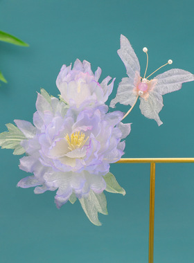 新款原创古风手工制作绢花紫色汉服头饰甜美妆造头饰烫花发饰