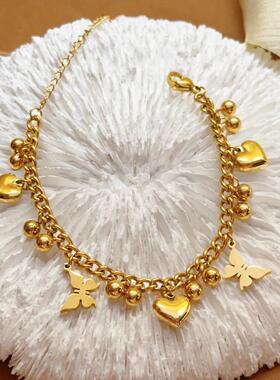 蝴蝶爱心轻奢精致新款小众不掉色钛钢18k金色 复古手链女高版饰品