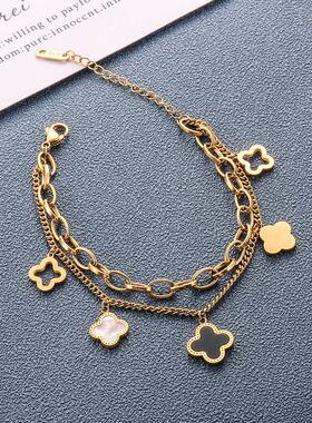 嘻哈风手链女四叶草双层链钛钢手饰18k玫瑰金气质潮人手环手镯