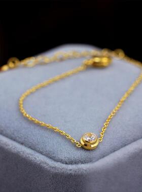 钛钢18k金色一颗钻手链不掉色时尚简约镶单钻可调节手环洗澡可戴