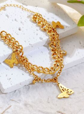 欧美跨境双层不锈钢蝴蝶手链简约女18k金色钛钢轻奢百搭手环饰品