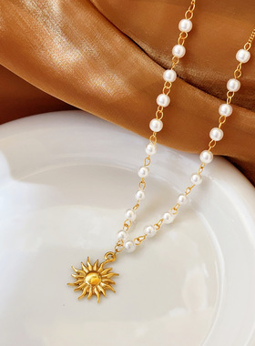 钛钢饰品太阳花不锈钢珍珠项链女高级感金ins锁骨链欧美吊坠颈链