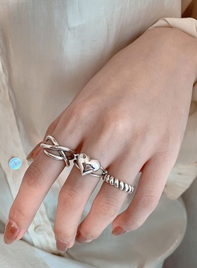 韩国重工潮流情侣爱心开口戒指女简约设计时尚麻花个性泰银食指