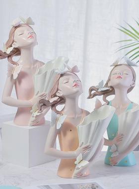 小清新蝴c蝶女孩捧花抱花插树脂工艺品摆件客厅茶几电视柜卧室装