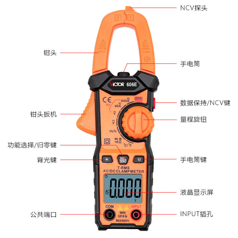 胜利钳形表数字高精度VC606A/VC606B/VC606C交直流钳型电流万用表-图1