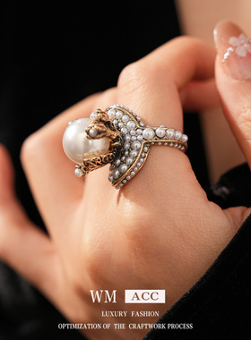 复古宫廷风小众珍珠花朵食指戒