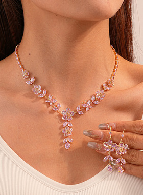 锆石花朵麦穗流苏项链耳环套装