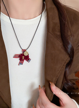 植绒蝴蝶结小熊吊坠锁骨链女款