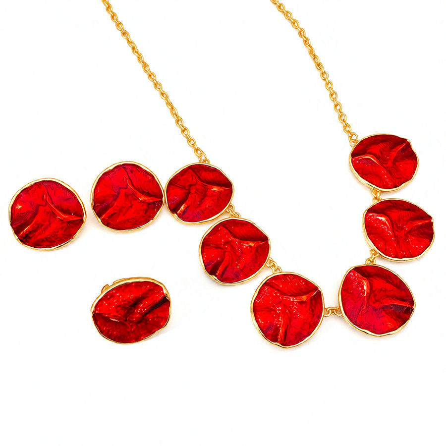 红色系滴油圆形褶皱耳钉戒指项链轻奢小众锁骨链气质复古首饰套装,淘宝优惠券,粉丝福利购,淘宝优惠卷