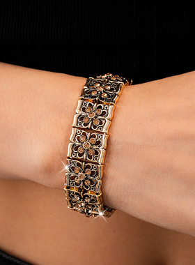 金色镶钻镂空花朵轻奢复古手链