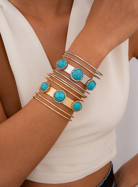 波西米亚多层松石镶钻开口手镯