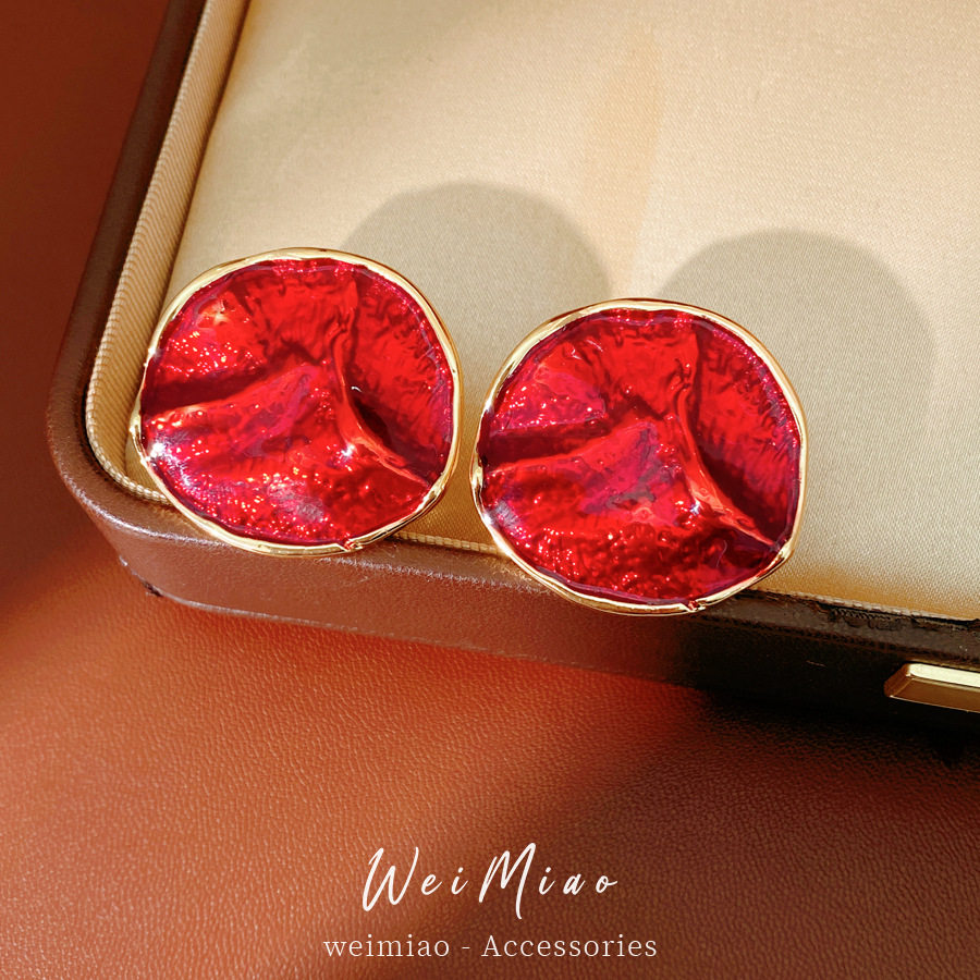 红色系滴油圆形褶皱耳钉戒指项链轻奢小众锁骨链气质复古首饰套装,淘宝优惠券,粉丝福利购,淘宝优惠卷