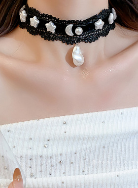 暗黑风蕾丝珍珠星月项链