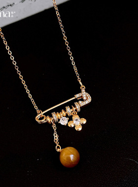 轻奢小众虎眼石锆石花朵别针项链