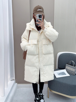 Aileys anti-season down jacket woman in the middle of a knee 2023 New Korean version of fashion easing thickened with hat white