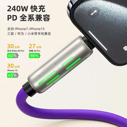 数显240W硅胶超级快充数据线双Type-c适用苹果华为安卓车载充电线 - 图1
