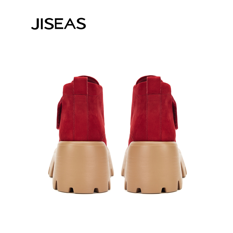 JISEAS2025春秋新款时尚真皮复古松糕厚底马丁靴女休闲工装短靴