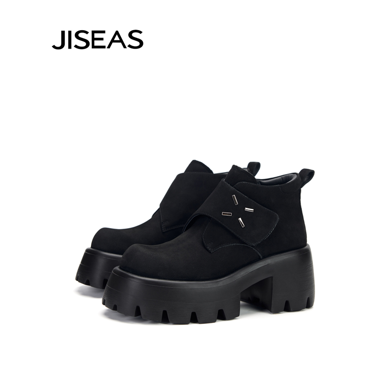 JISEAS2025春秋新款时尚真皮复古松糕厚底马丁靴女休闲工装短靴