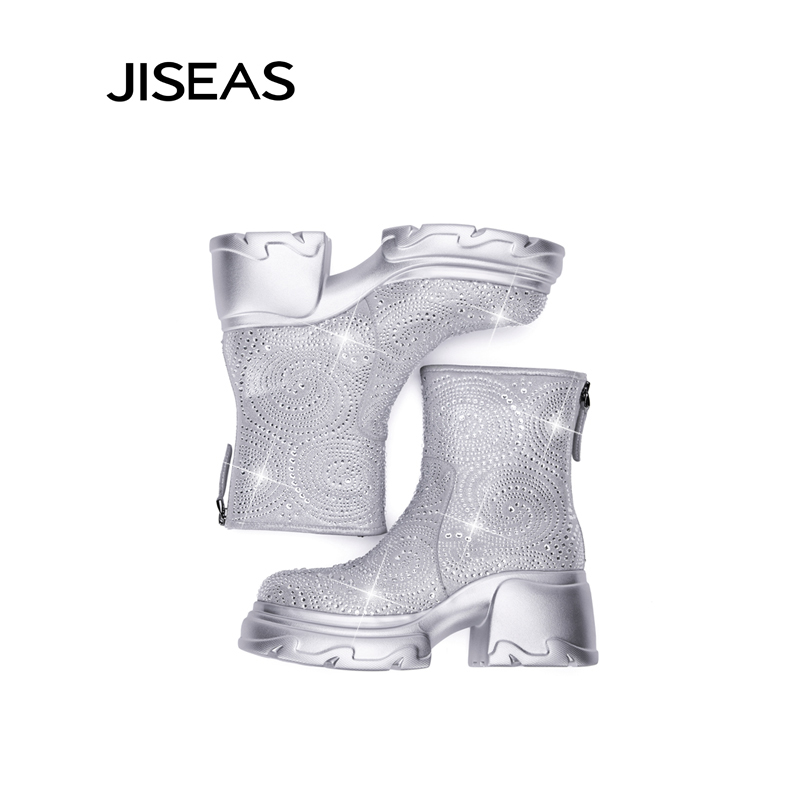 JISEASJISEAS璀璨星空马丁靴2023秋冬新款加绒保暖水钻时尚短靴女