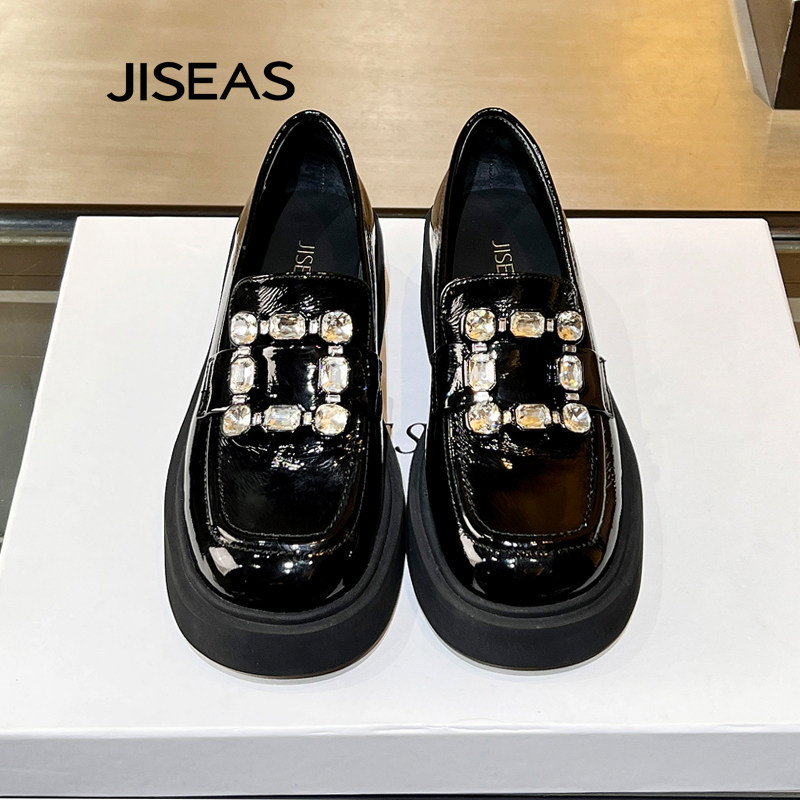 JISEAS厚底乐福鞋女2024秋新款真皮透气百搭一脚蹬休闲水钻小皮鞋,淘宝优惠券,粉丝福利购,淘宝优惠卷