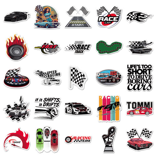 100张赛车比赛元素贴纸潮流酷玩创意个性汽车涂鸦图案电脑桌面平板摩托车头盔DIY素材手账本装饰防水无痕贴画 - 图0